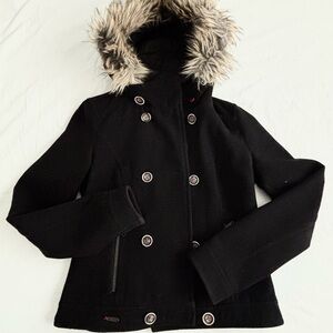 Zara Black Peacoat with Faux-Fur Hood Trim